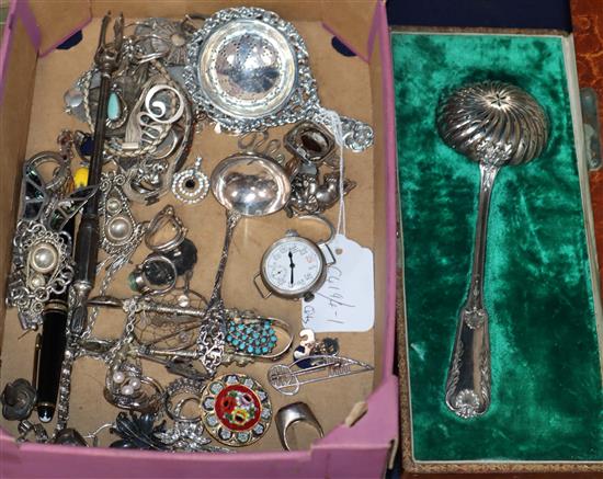 A group of assorted silver, white metal and other items including Dutch tea strainer, jewellery and Mont Blanc pencil.